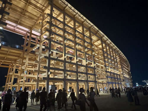 Night view of Expo 2025 Osaka – illuminated Grand Roof and glowing pavilions