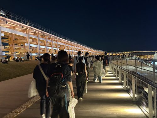Night view of Expo 2025 Osaka – illuminated Grand Roof and glowing pavilions